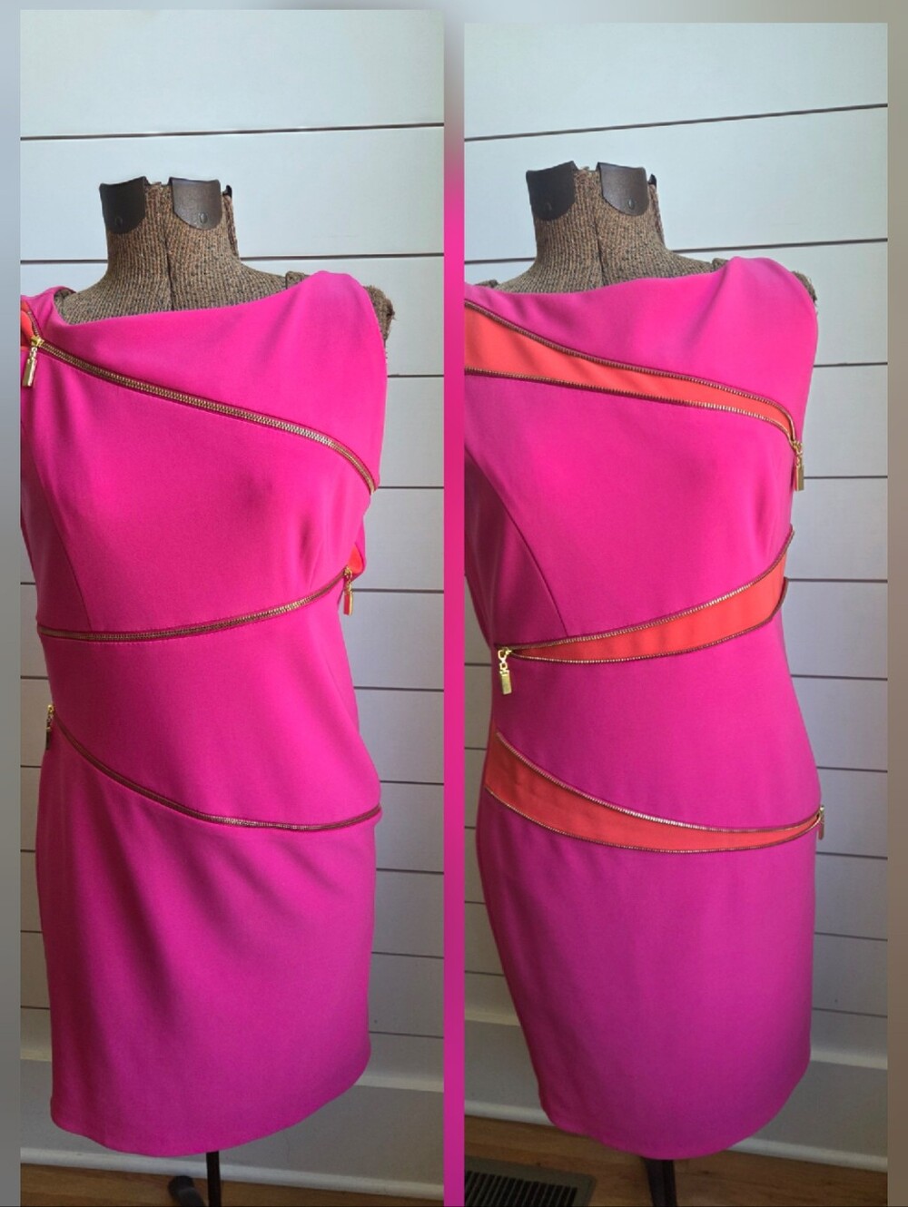 Joseph Ribkoff Hot Pink One-Shoulder Sheath Dress with Gold Zips